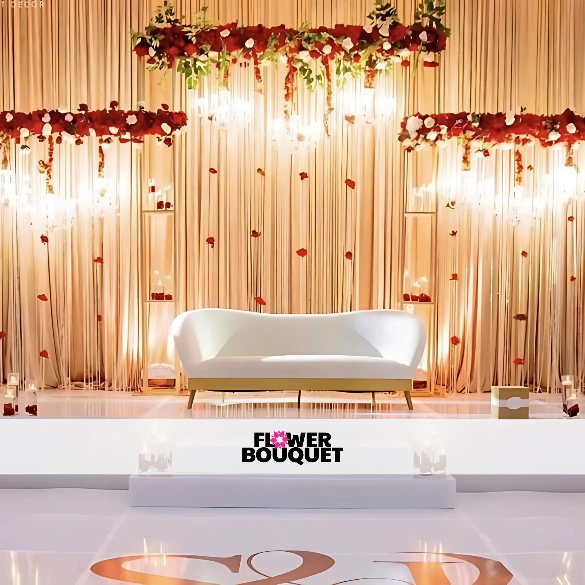 Elegant Gold and Red Wedding Stage – Minimalist Floral Backdrop