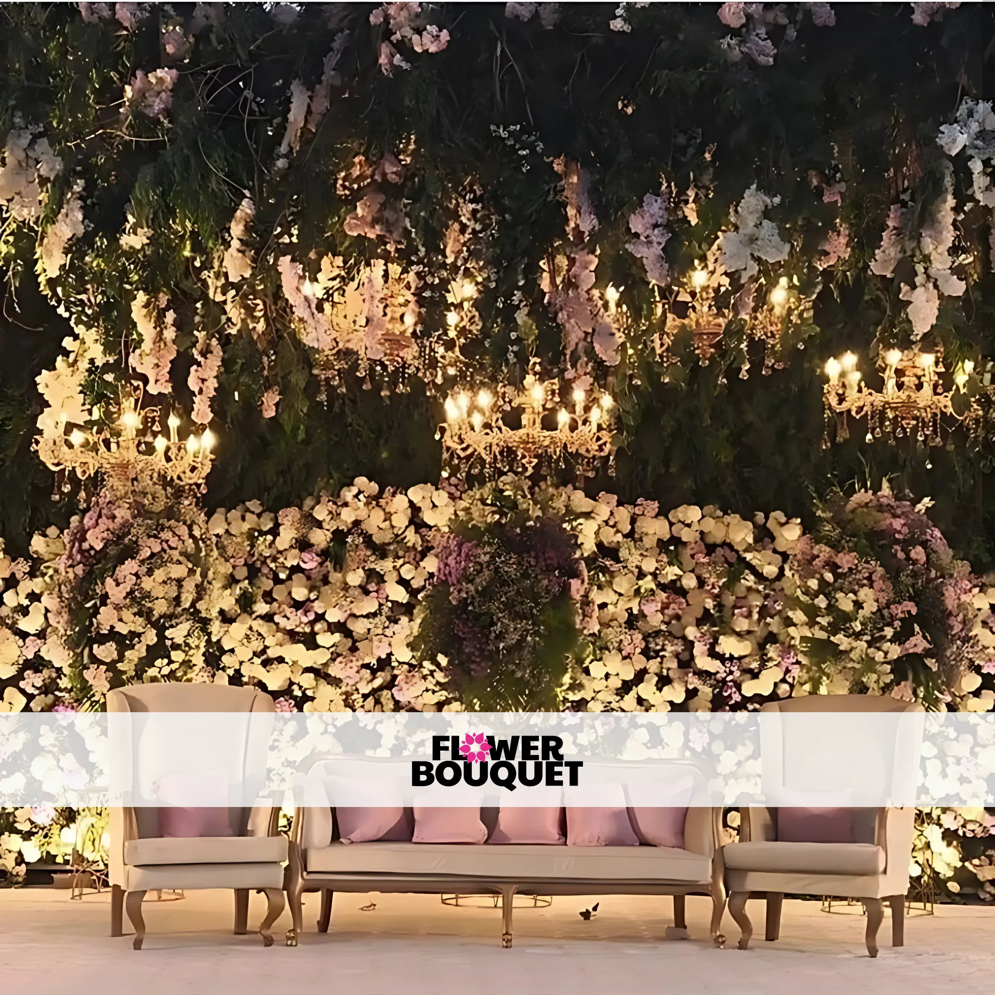 Enchanted Floral Garden Wedding Stage – Crystal Chandeliers & Bloom Wall