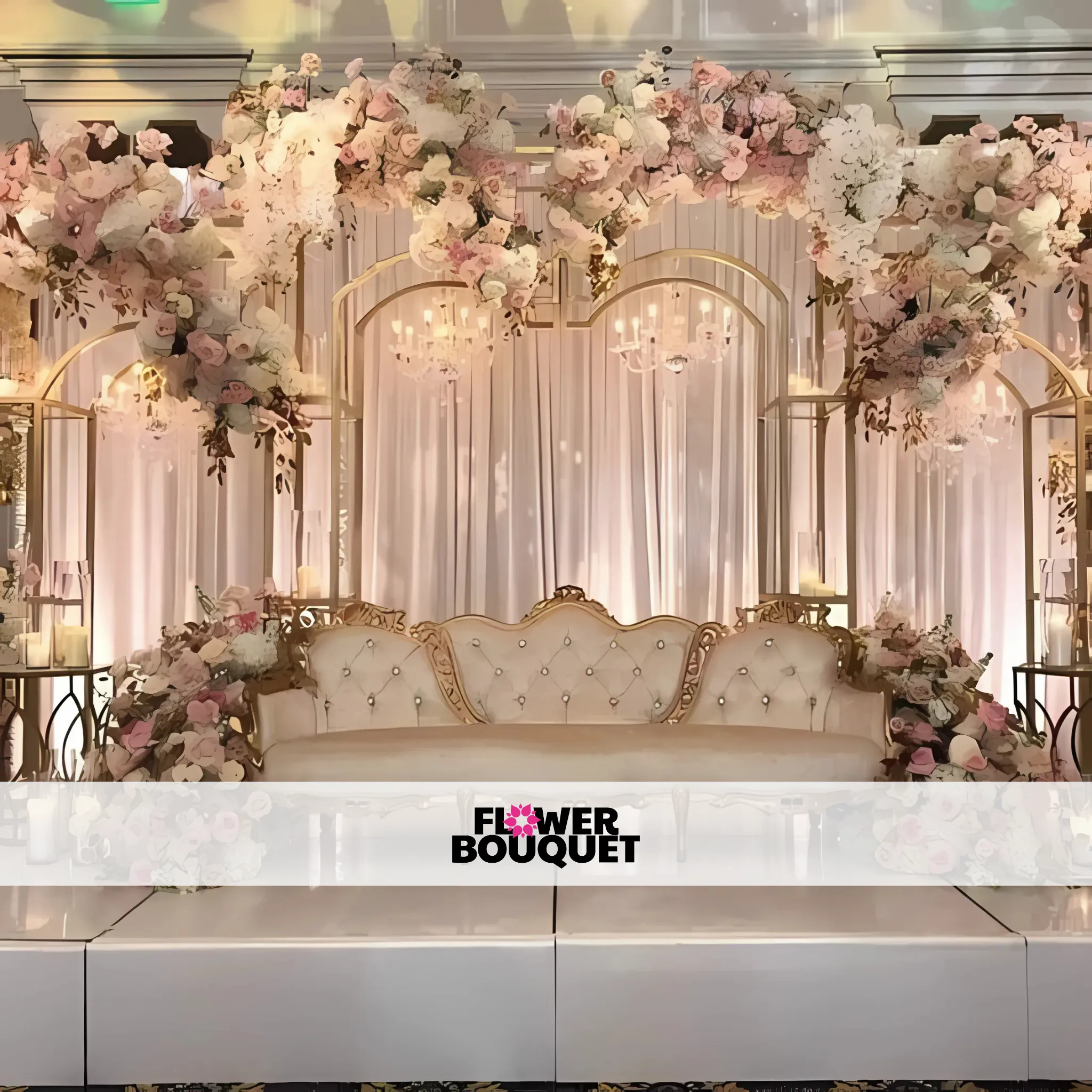 Fairytale Blush Wedding Stage – Floral Canopy with Gold Accents