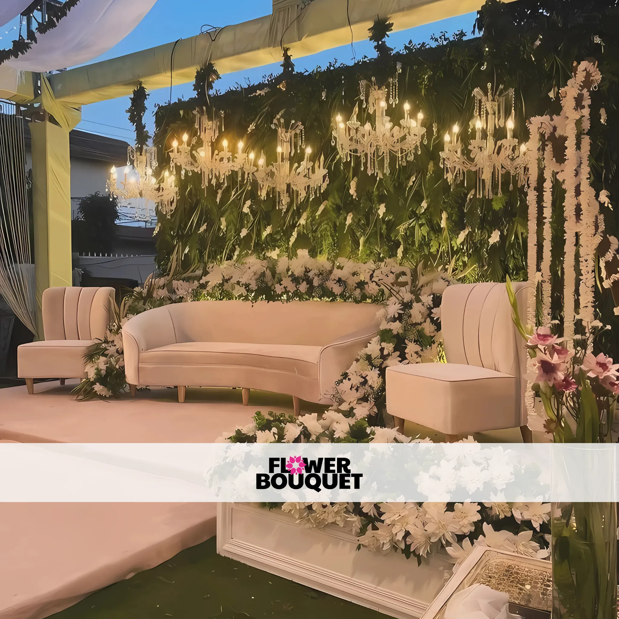 Garden Elegance Wedding Stage – White Floral Backdrop with Luxe Seating