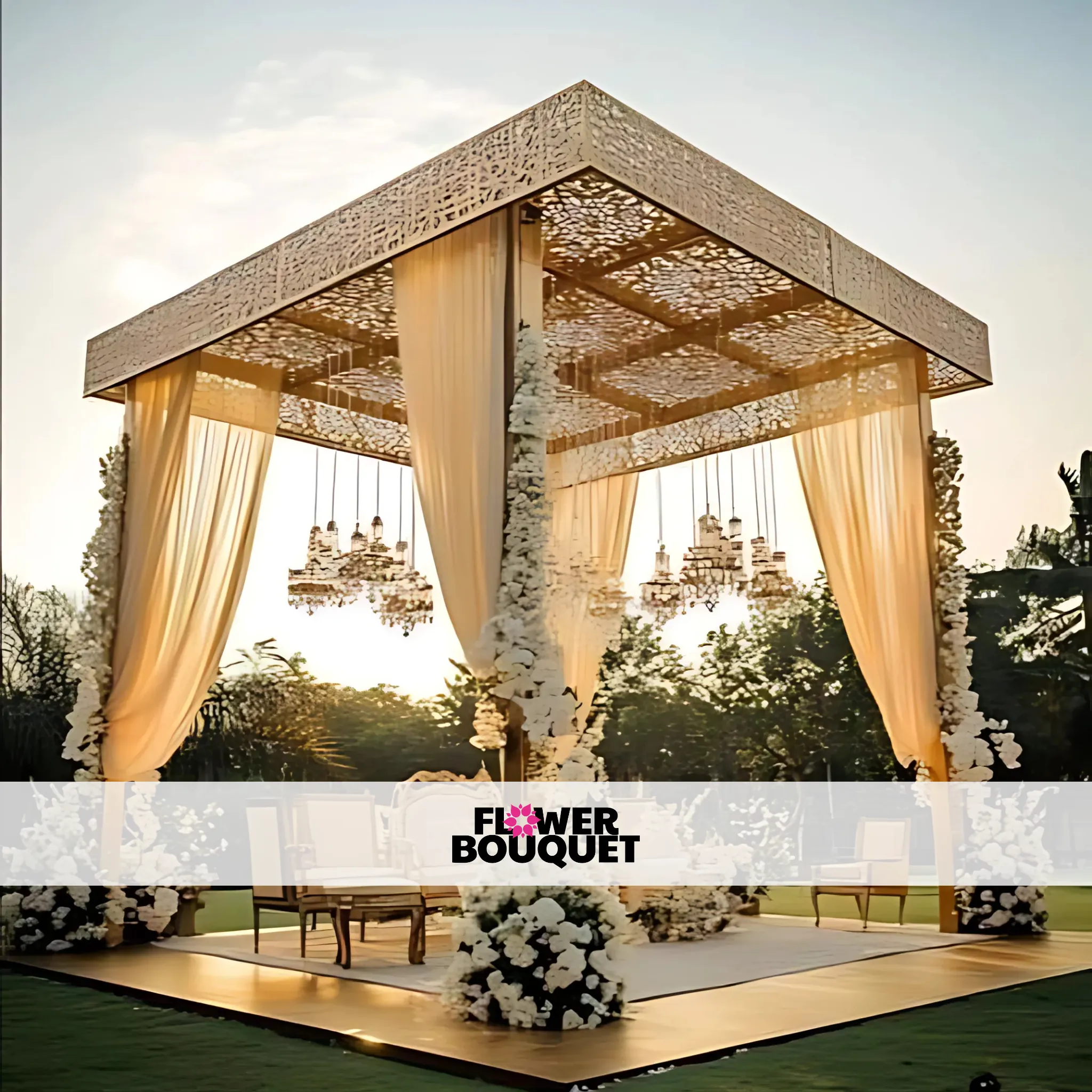 Golden Outdoor Pavilion Wedding Stage – Elegance Under the Sky