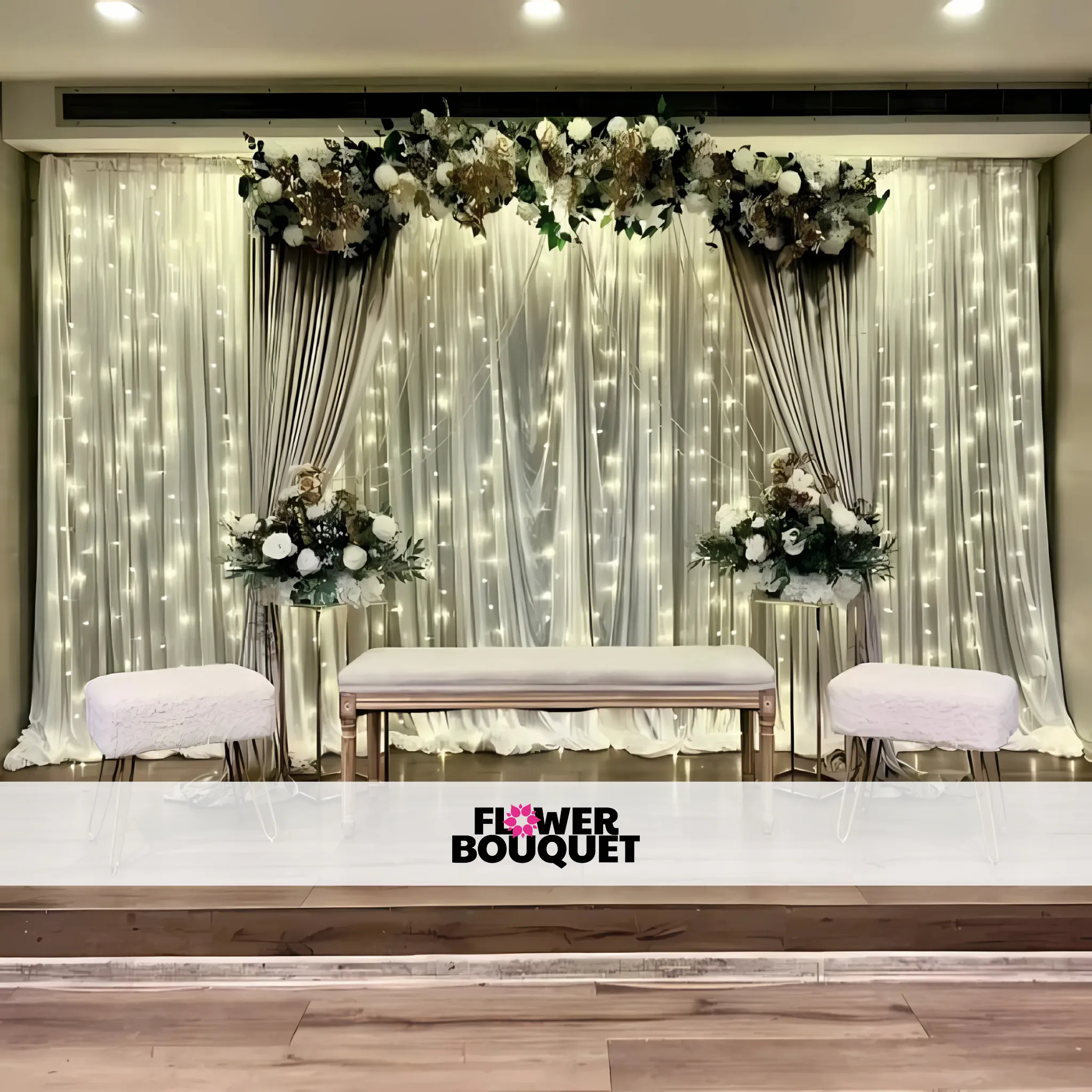 Minimalist Elegance Wedding Stage – Draped Backdrop with Soft Lighting