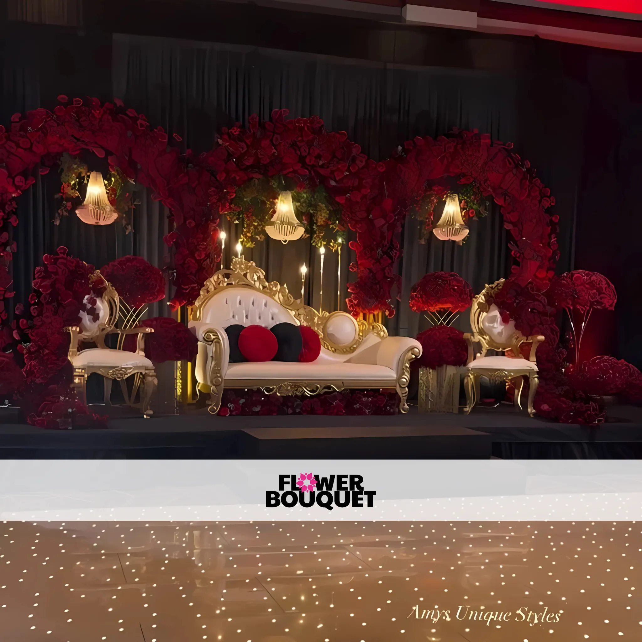 Opulent Red Rose Wedding Stage – Regal Sofa and Floral Arch Design