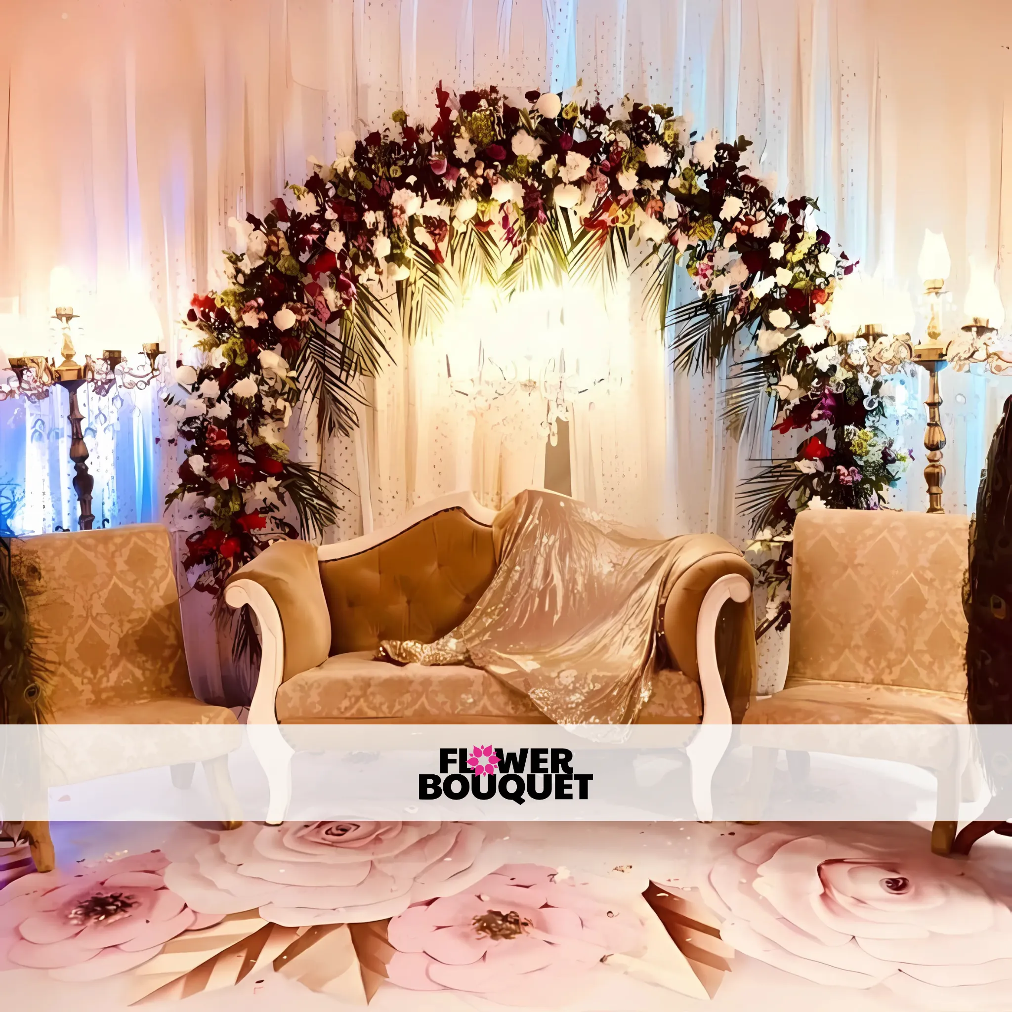 Romantic Floral Arch Wedding Stage – Vintage Gold Seating & Elegant Backdrop