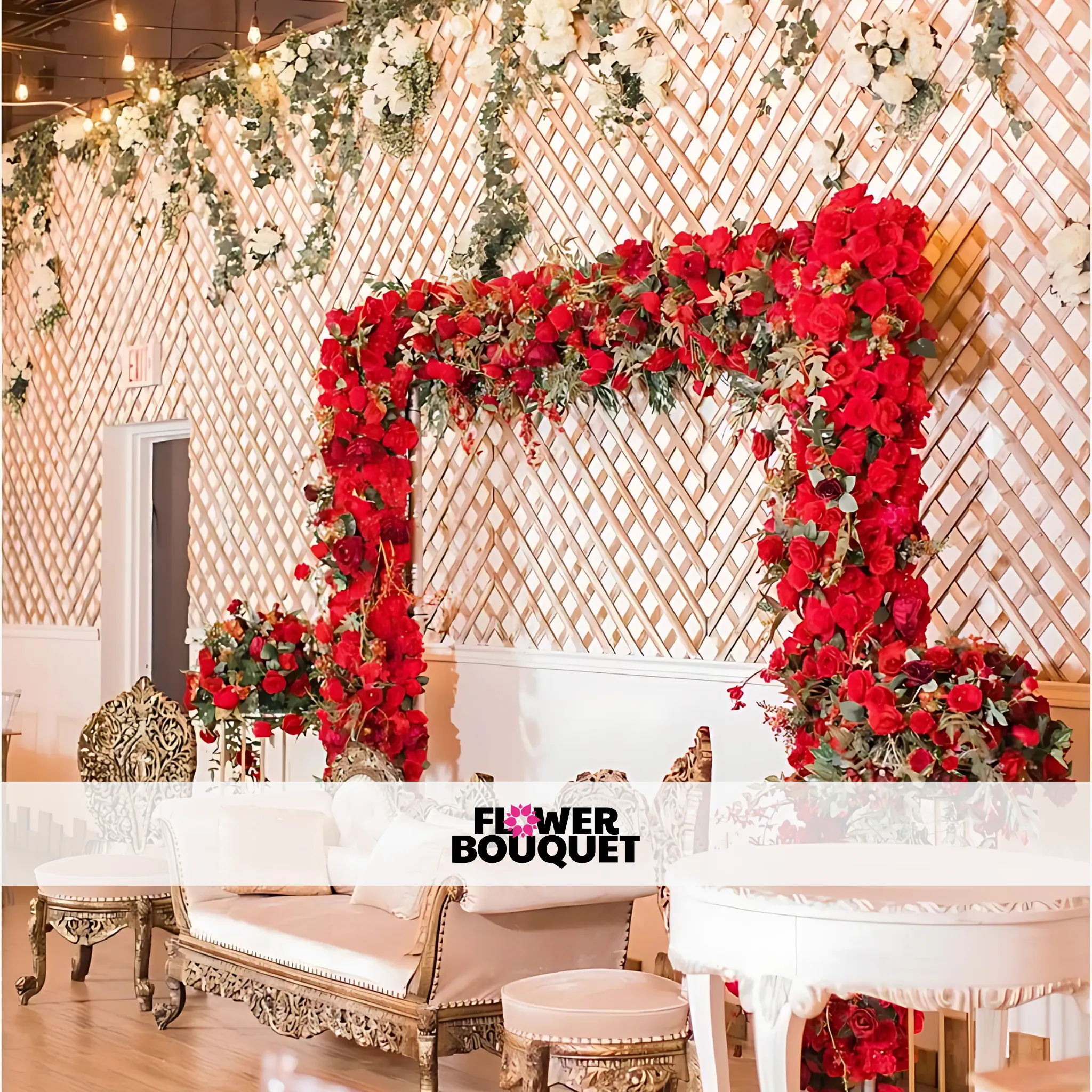 Romantic Red Rose Wedding Backdrop – Vintage Gold Seating