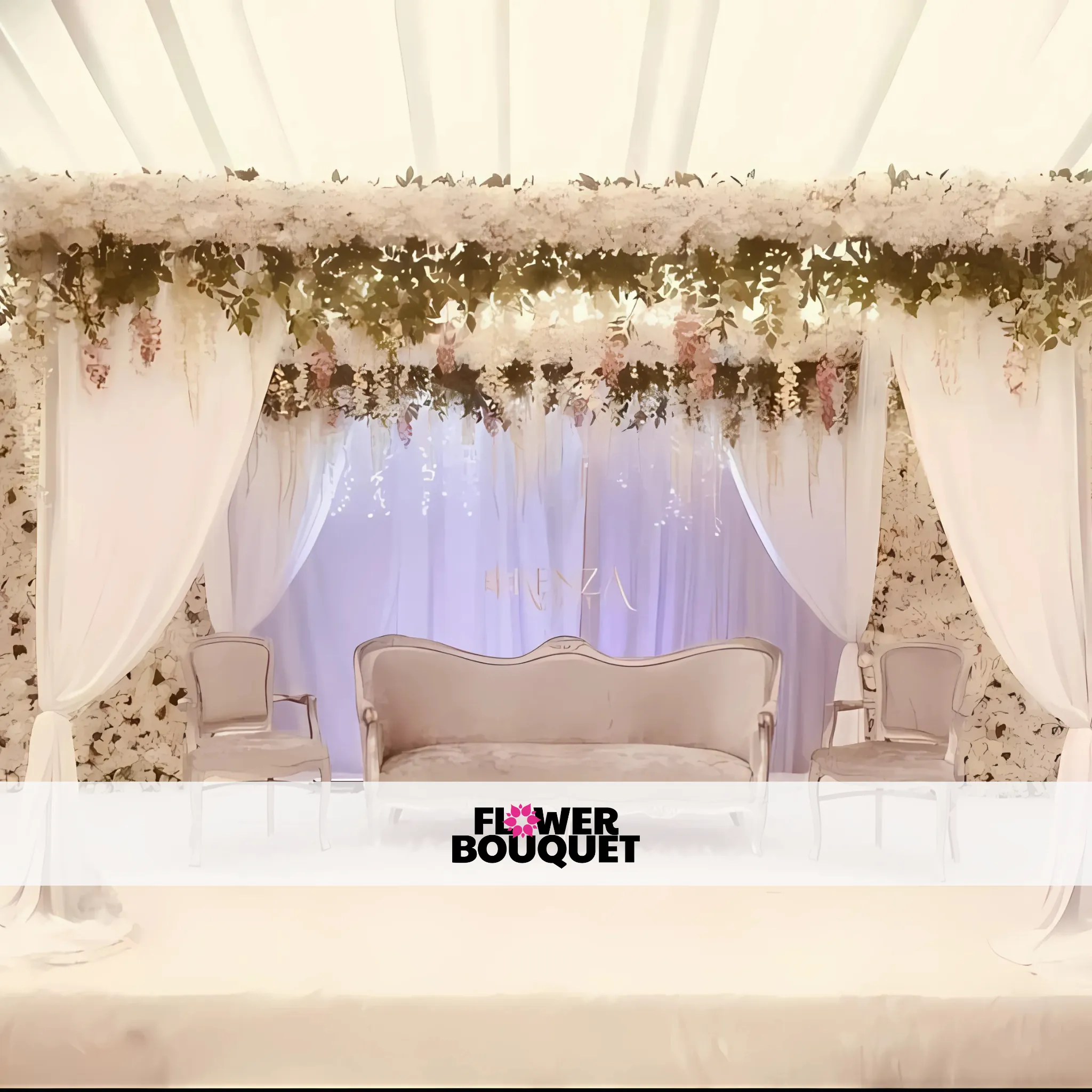 White Elegance Wedding Stage – Draped Canopy & Floral Extravagance