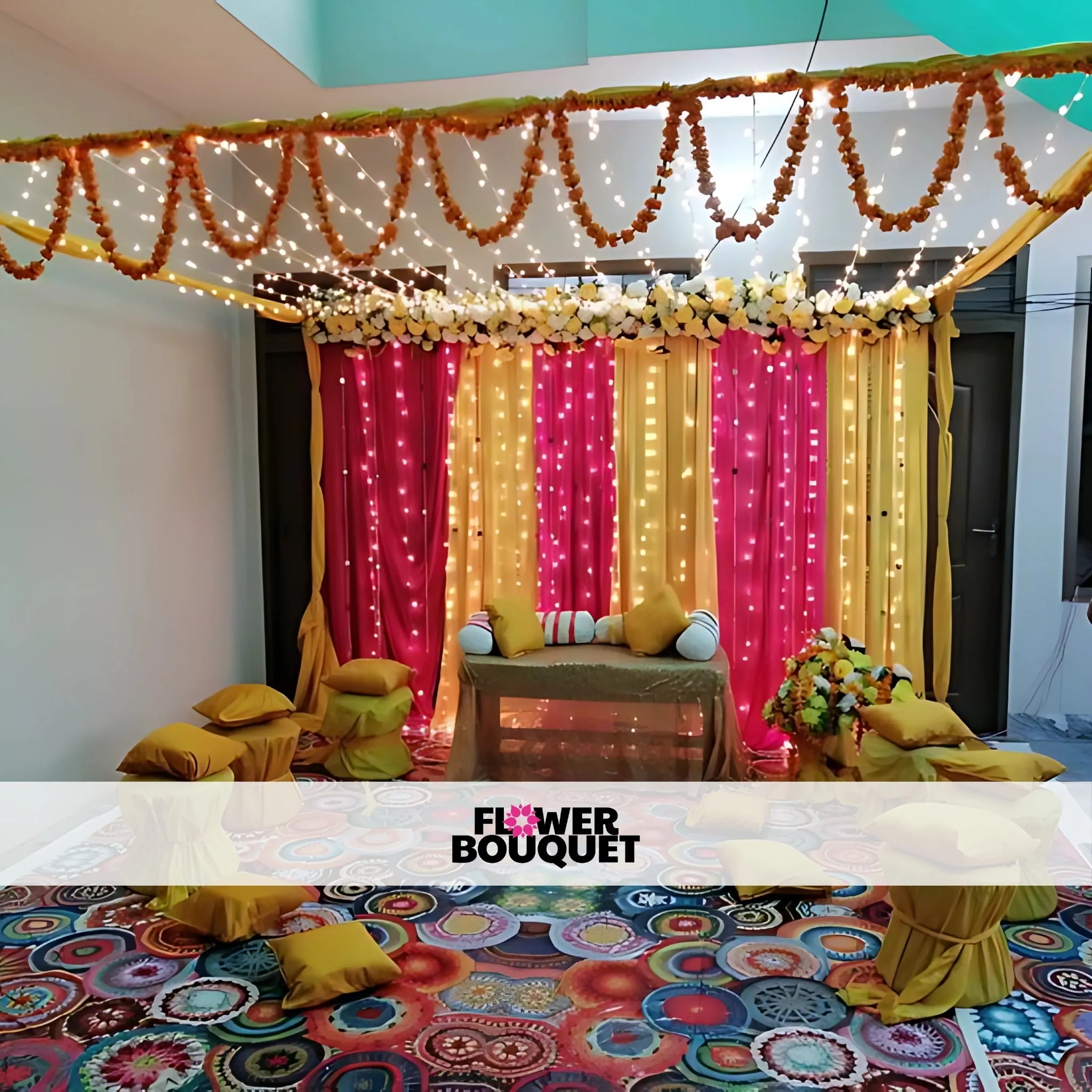 Elegant Indoor Mehndi Setup with Floral and Marigold Highlights