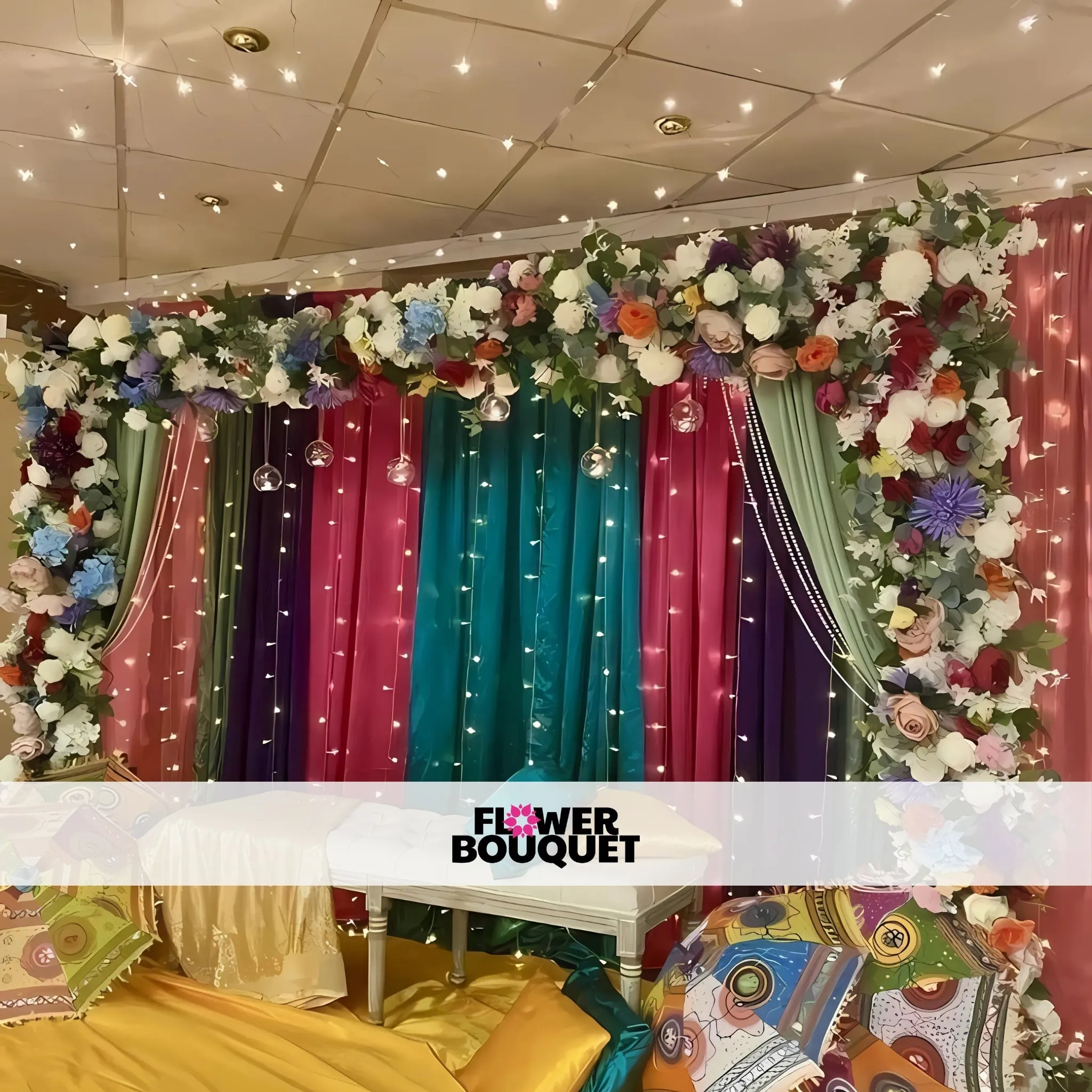 Fairy Light Mehndi Backdrop with Floral Elegance