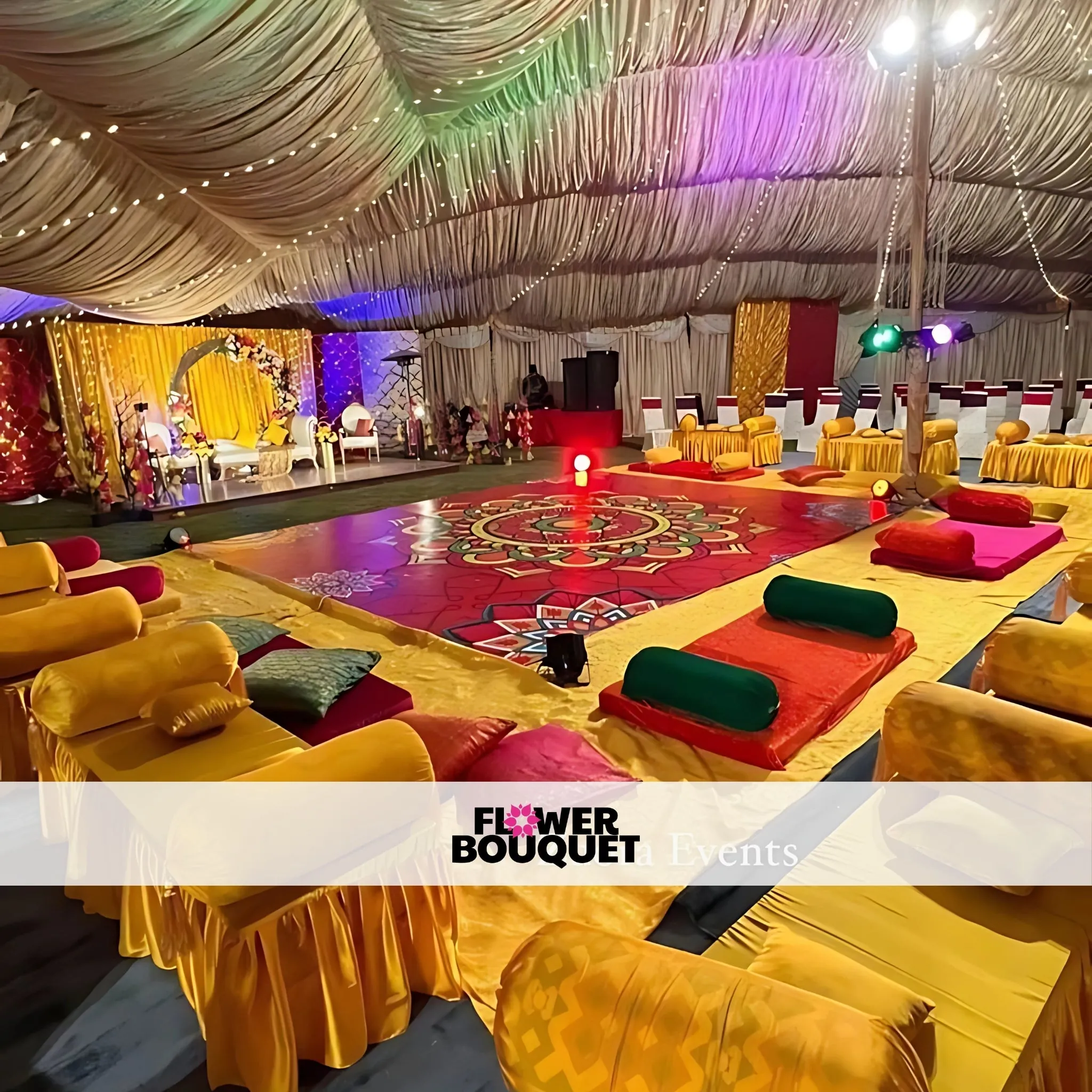 Grand Mehndi Celebration with Vibrant Stage and Floor Decor