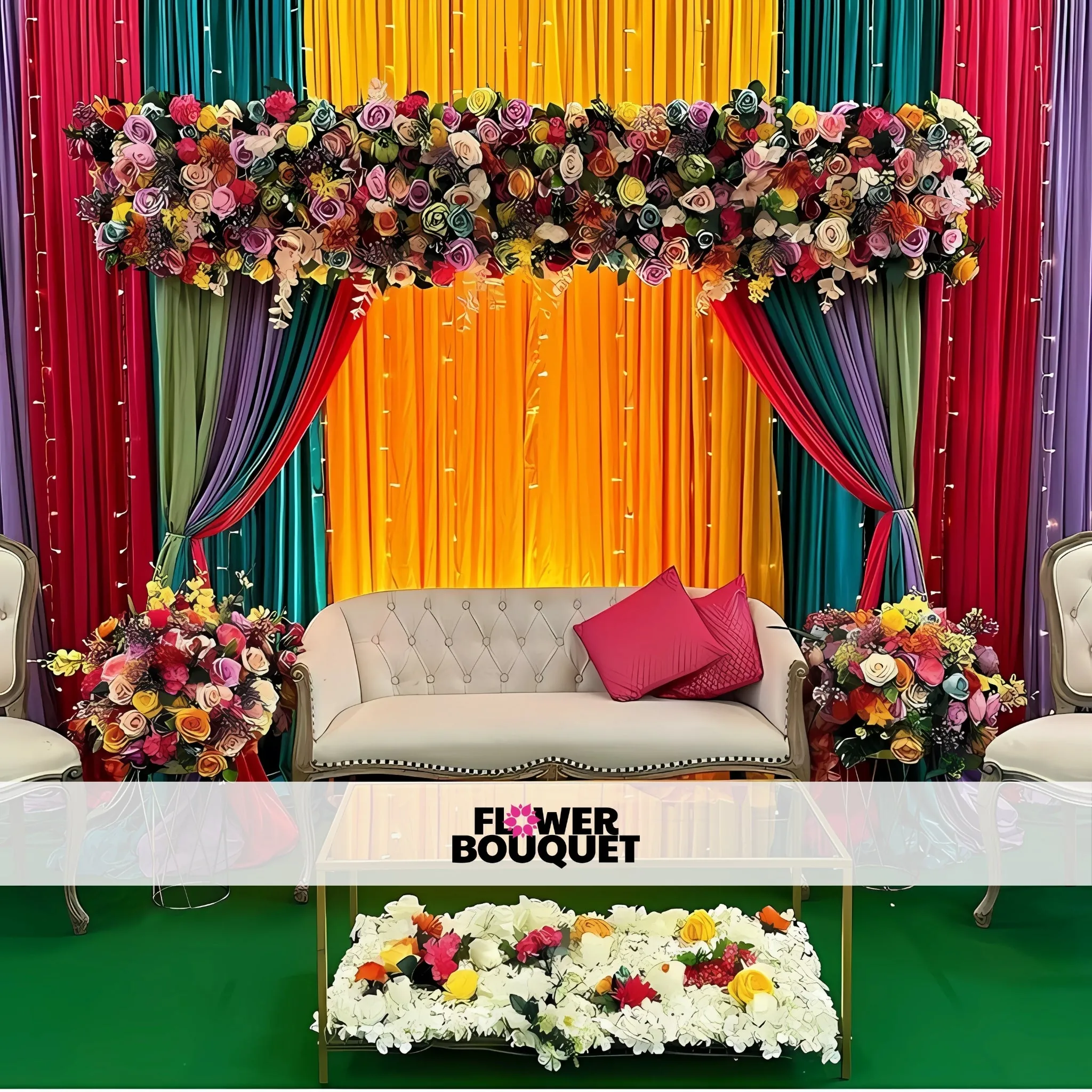 Luxurious Mehndi Stage with Floral Elegance