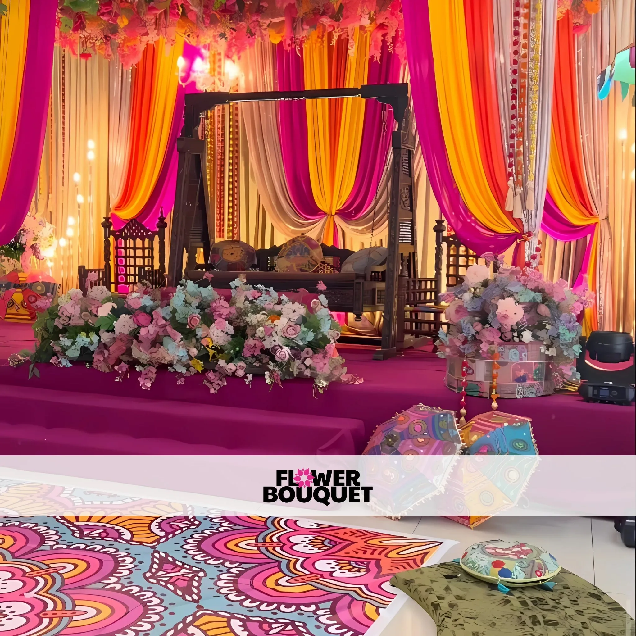 Majestic Mehndi Stage with Vibrant Drapes and Floral Arrangements