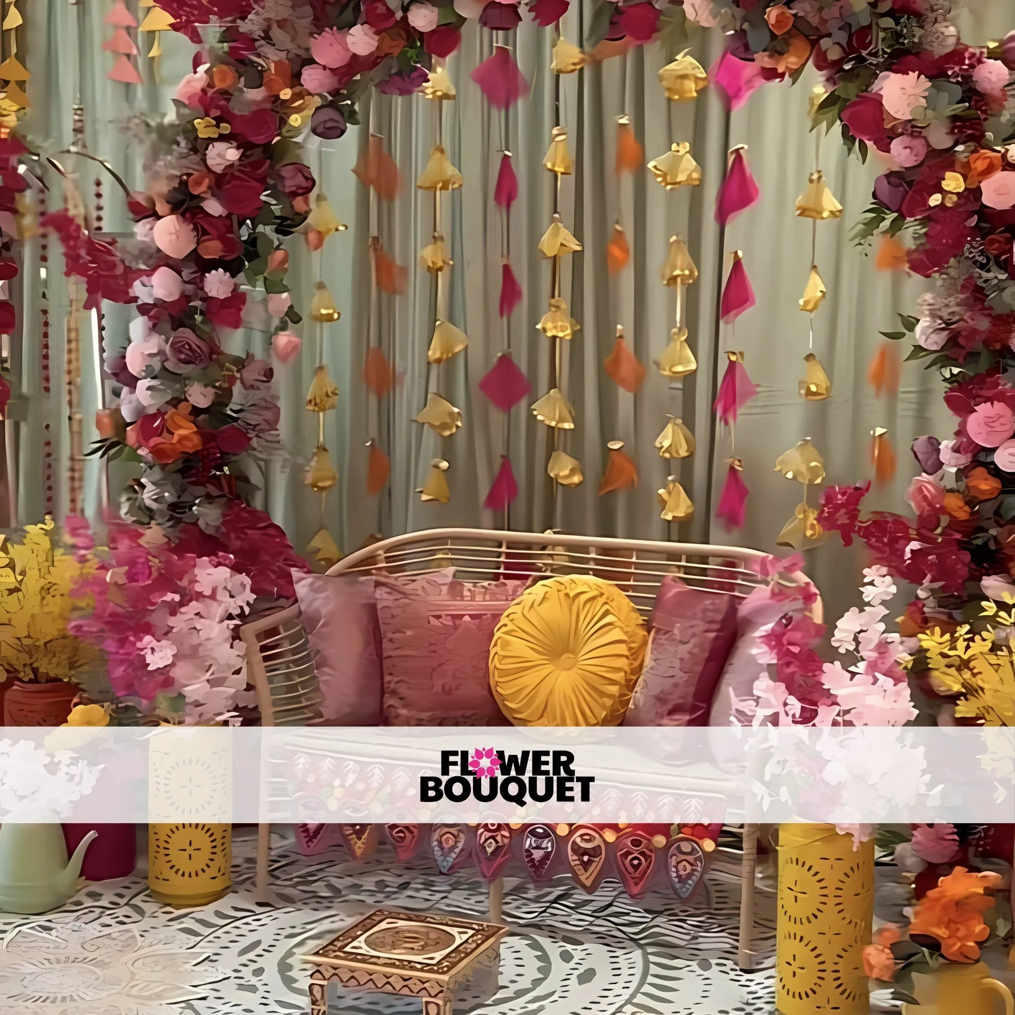Rustic Mehndi Corner with Floral Arch and Tassels