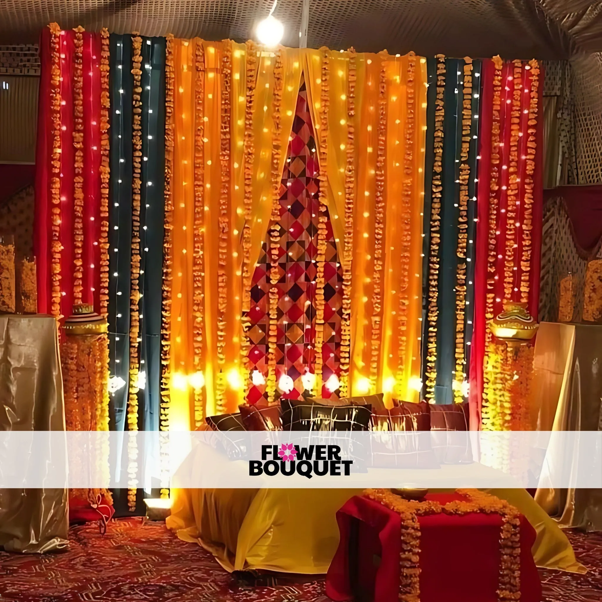 Traditional Mehndi Backdrop with Marigold Strings