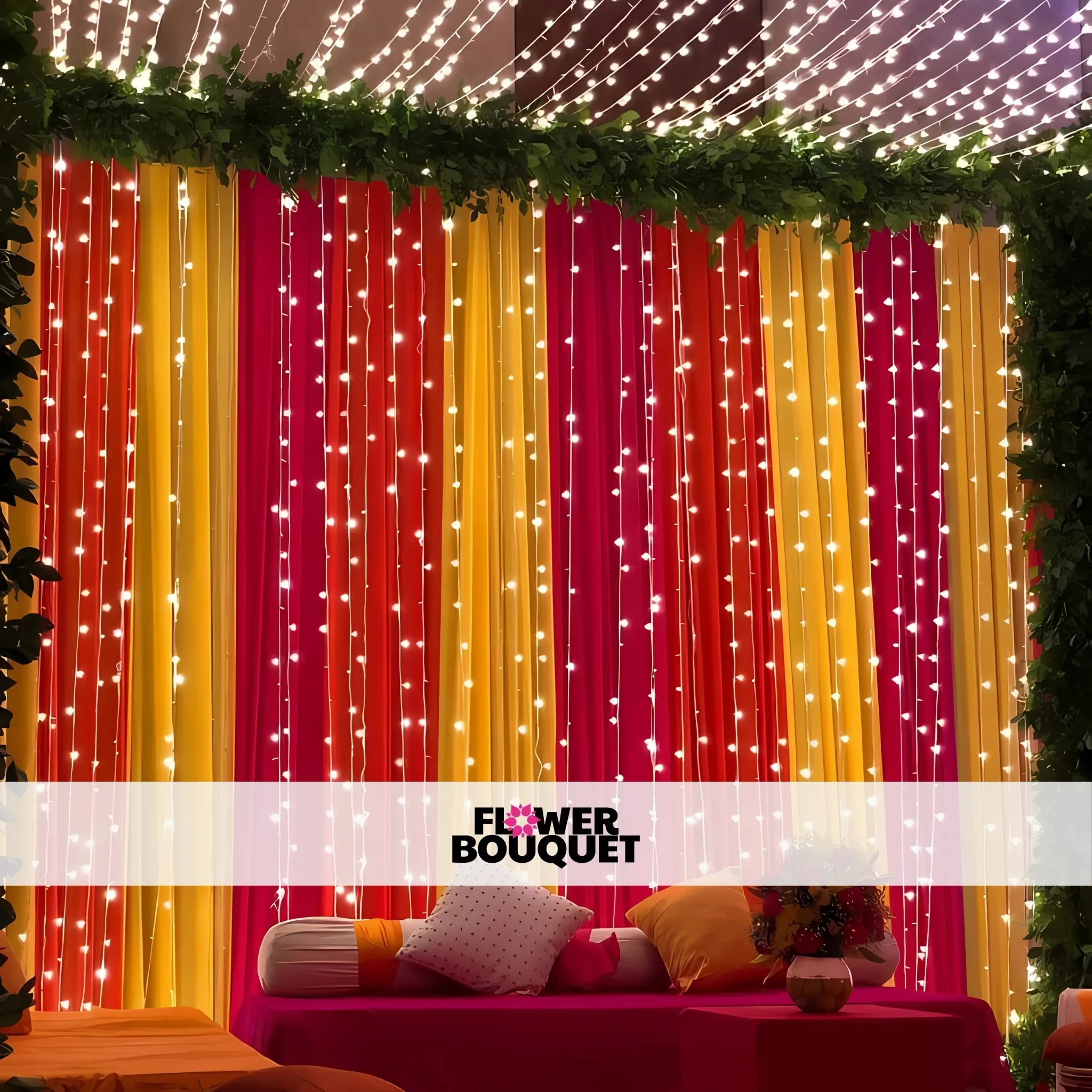 Twinkling Mehndi Backdrop with Fairy Lights and Greenery