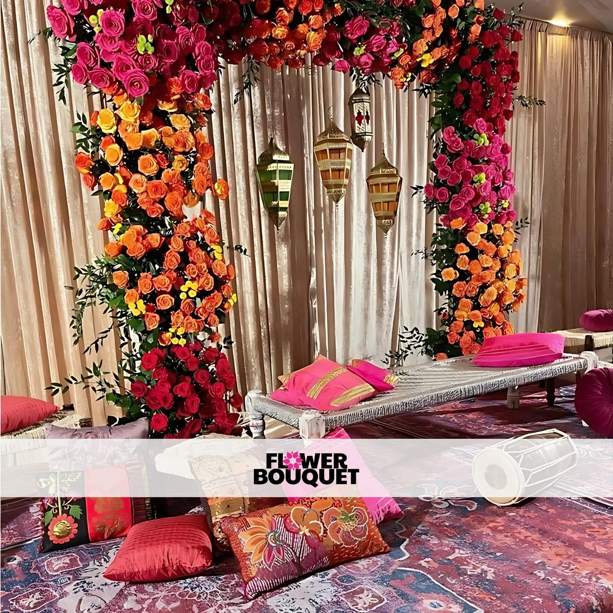 Vibrant Floral Mehndi Stage with Traditional Seating