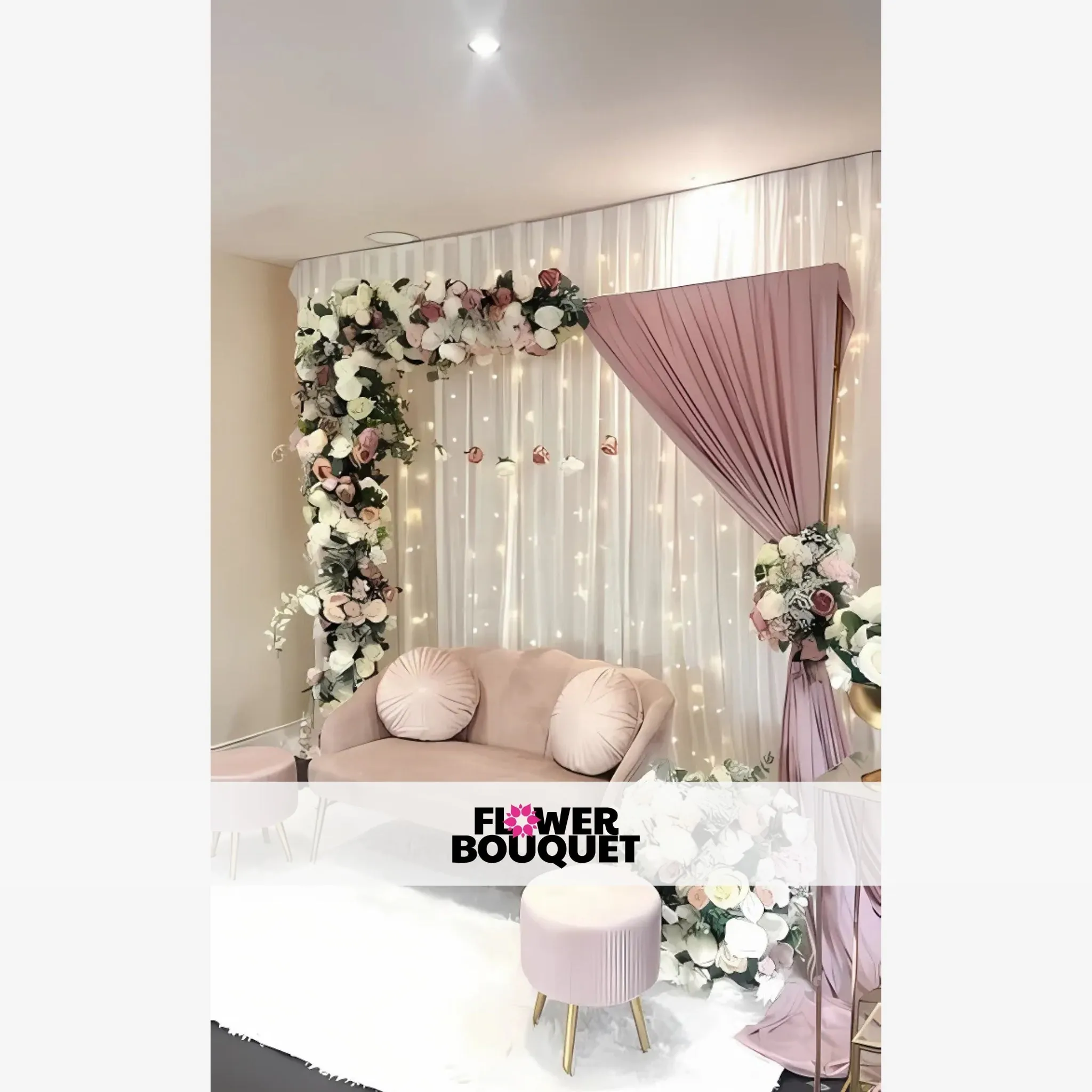 Cozy Nikah Stage with Floral Sofa and Pink Drapes